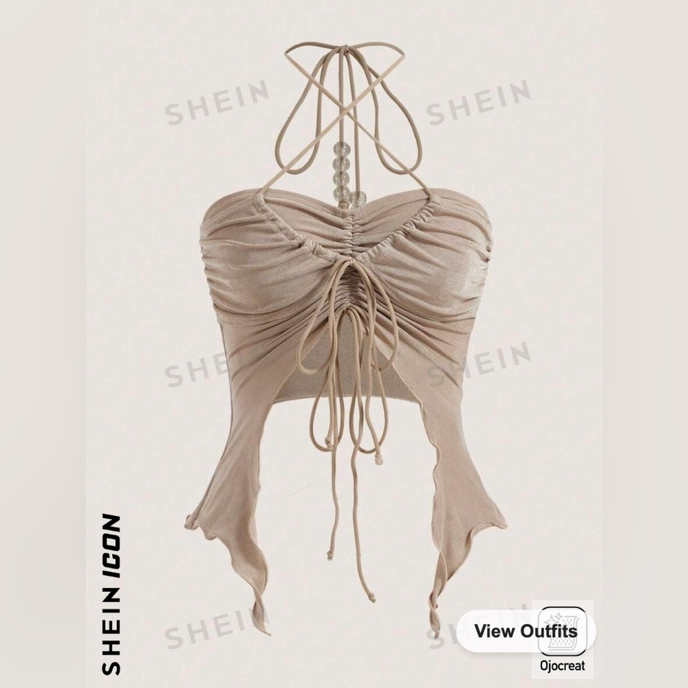 SHEIN ICON Drawstring Front Asymmetrical Hem Halter Top